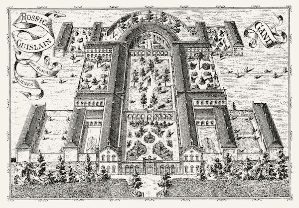 Black and white nineteenth century drawing of the complete Hospice Guislain site. Collection Dr. Guislain.